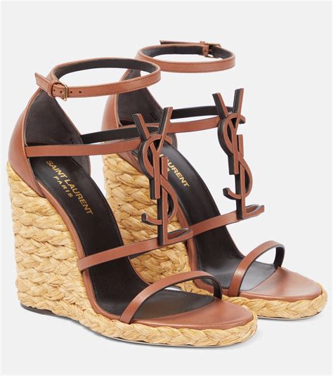 ysl cassandra wedge brown|Cassandra 115 leather and raffia wedge sandals in .